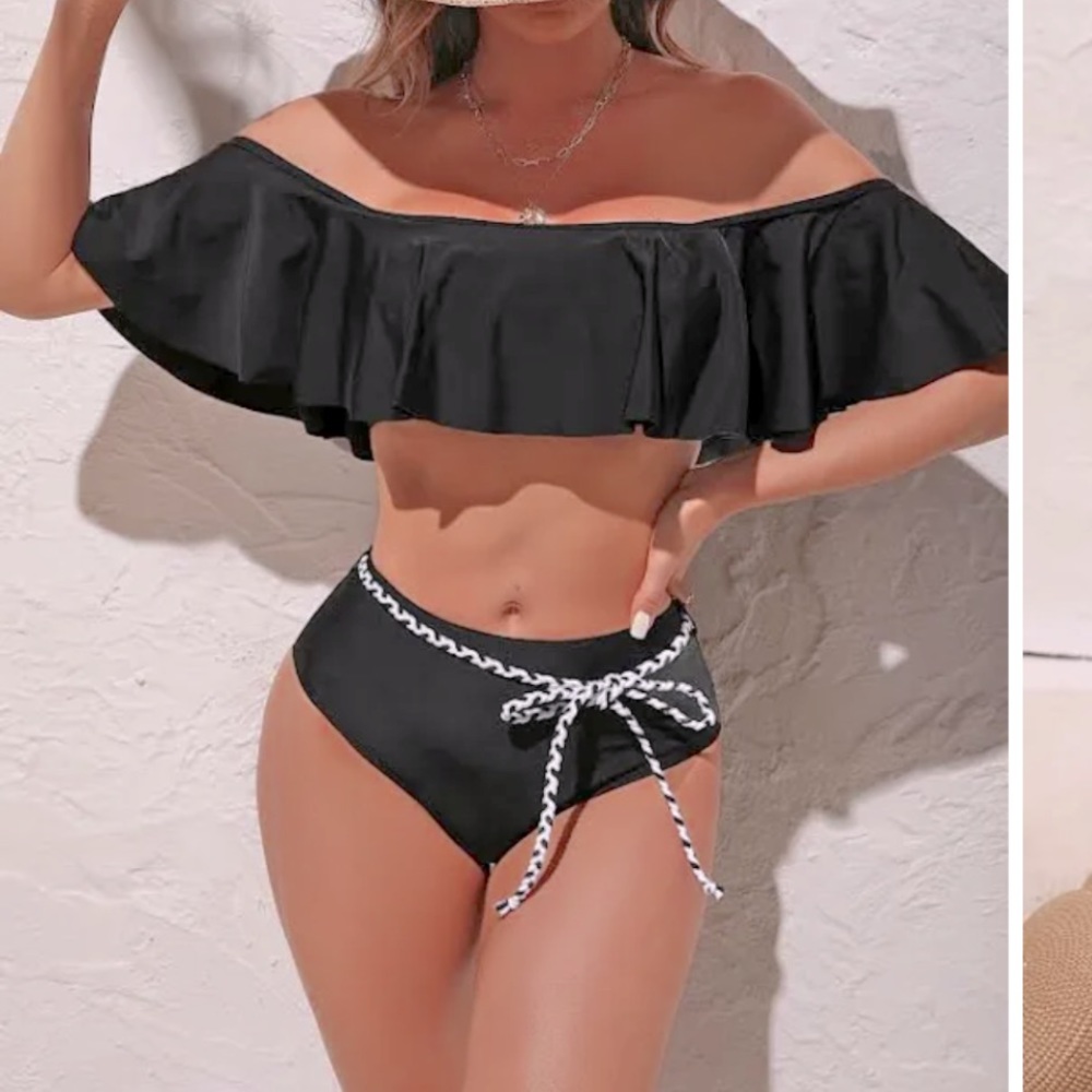 Ruffle Off the Shoulder Bikini Swimsuit Black High Waist Plain